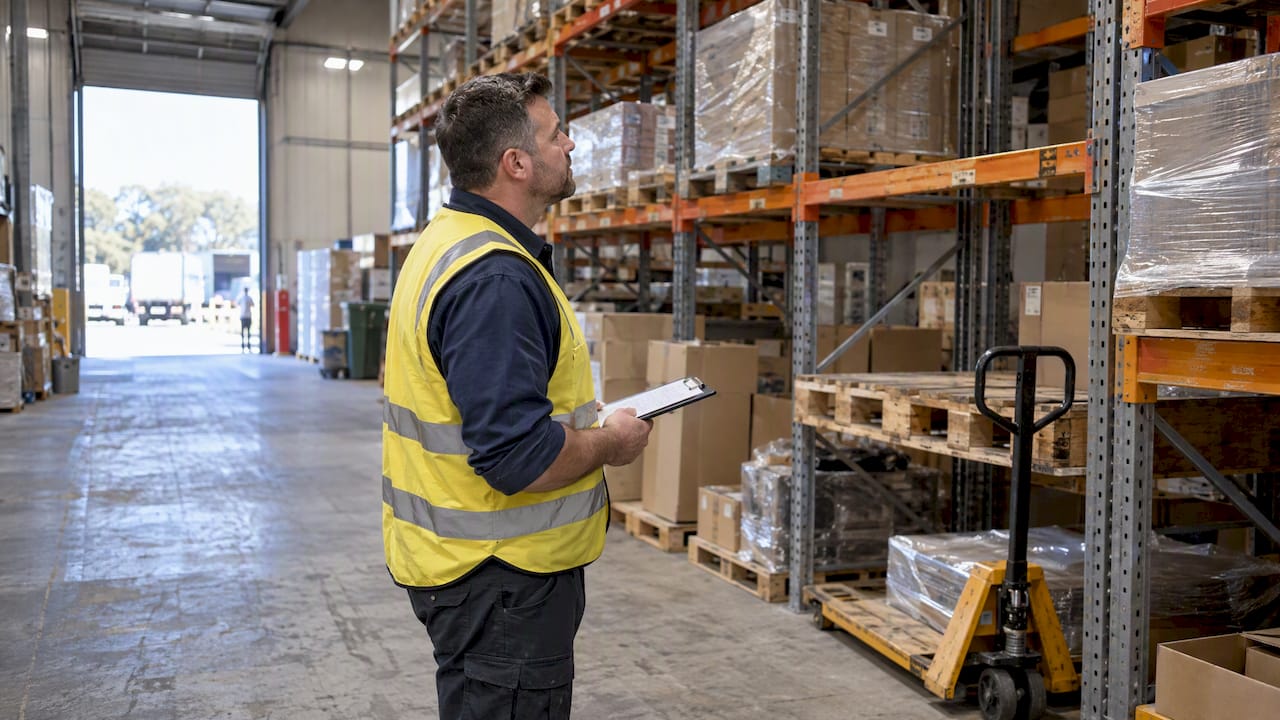 Supervisor inspecting a warehouse before clearance