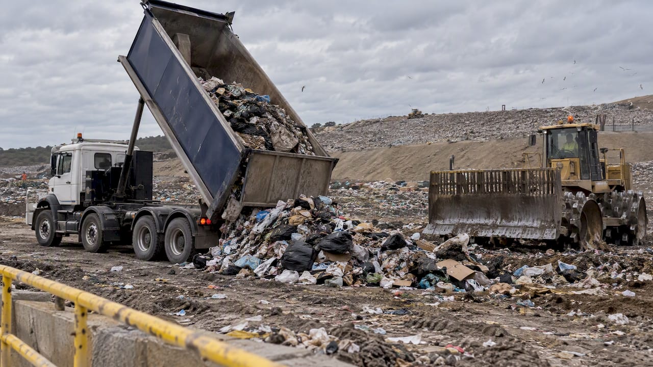 Commercial waste being tipped at a Melbourne landfill