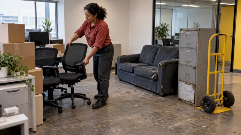 Office items sorted for storage or removal