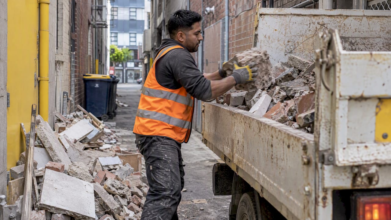 Worker hand-loading demolition debris in laneway