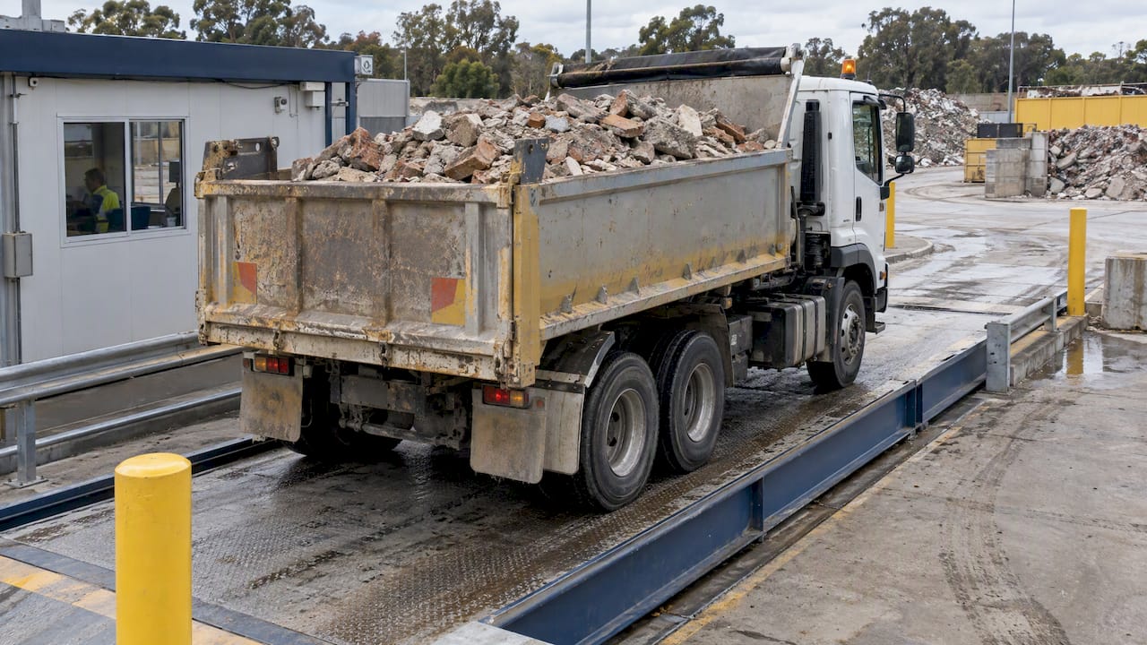 Rubble truck being weighed at a facility