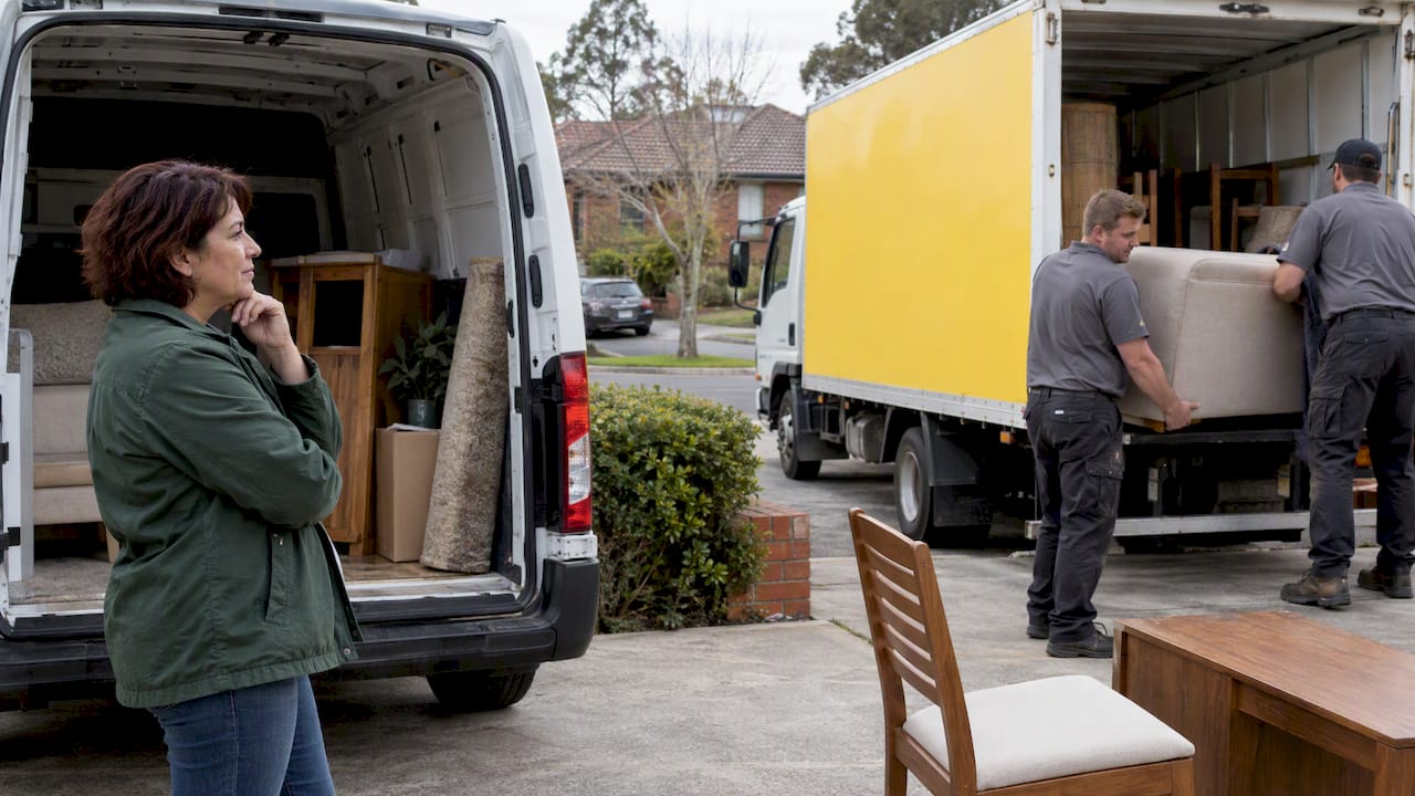 Rental van beside a rubbish removal truck