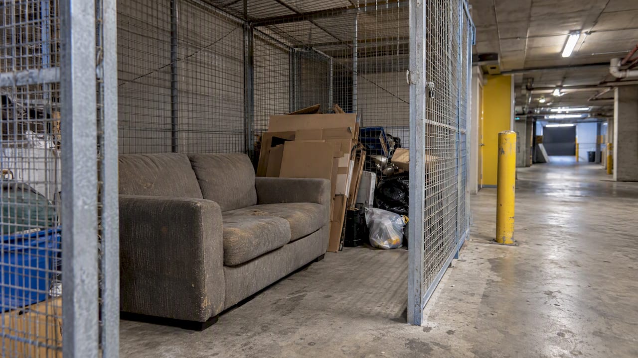 Mixed rubbish awaiting removal in a strata basement