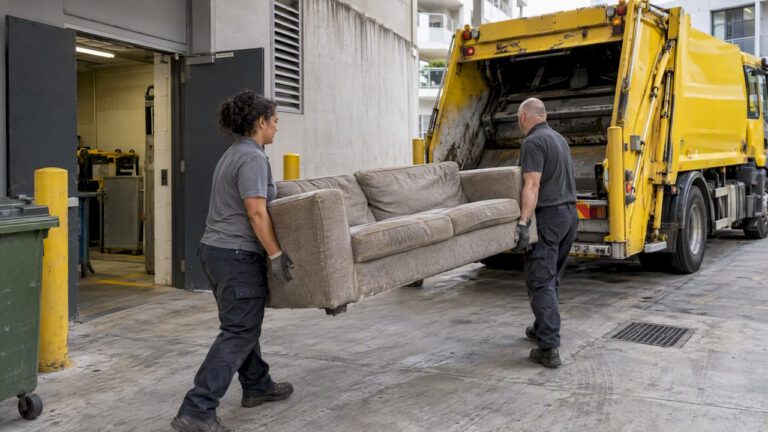 Crew carrying a couch toward a rubbish truck